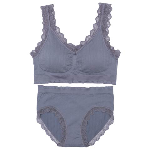 【ノンワイヤー】ハーフトップレースブラジャー&フルバックショーツ[推し][人気](ブルー-ML)