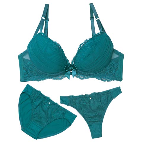 12/19新作!【3点セット】クラシックチュールレースブラジャー&フルバック&Tバックショーツ[推し](グリーン-B65/ショーツM)