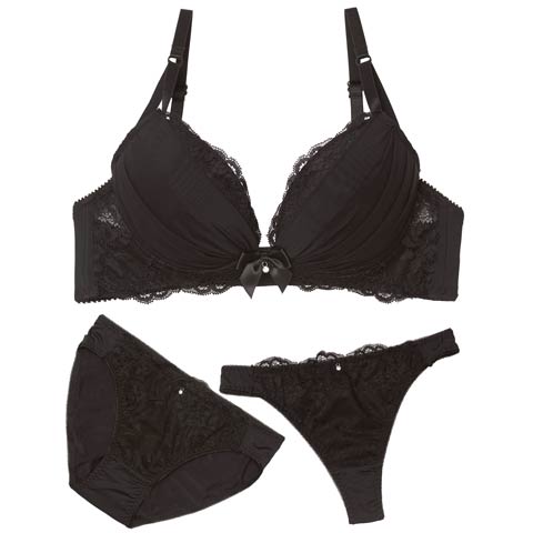 12/19新作!【3点セット】【EFサイズ】クラシックチュールレースブラジャー&フルバック&Tバックショーツ[推し](ブラック-E65/ショーツM)