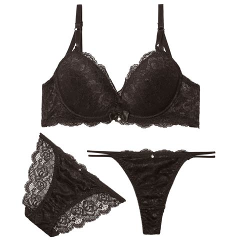 3/9新作!【3点セット】【三上悠亜着用】エレガントカシュクールレースブラジャー&バック透けフルバック&Tバックショーツ[推し](ブラック-B65/ショーツM)
