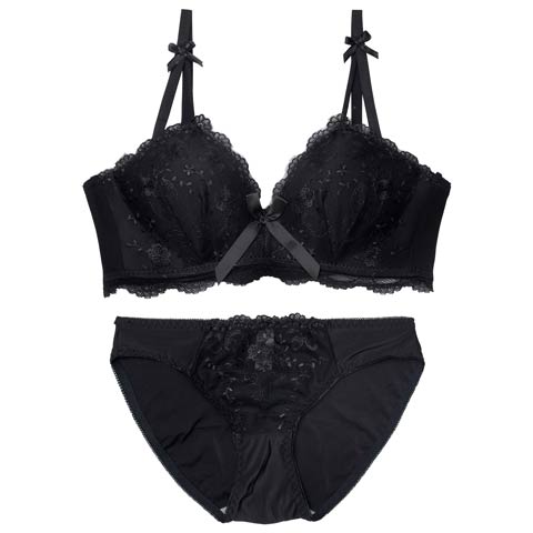 11/7新作!【ノンワイヤー】クラシックリボンヴェールブラジャー&フルバックショーツ[推し][人気](ブラック-M)