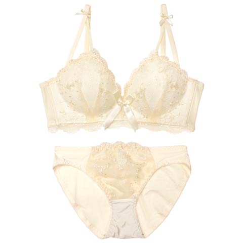 11/7新作!【ノンワイヤー】クラシックリボンヴェールブラジャー&フルバックショーツ[推し][人気](クリーム-M)