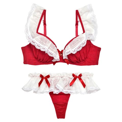 10/9再販!【Tバック】ラブリーフリルメイドブラジャー&Tバックショーツ[推し](レッド-B65/ショーツM)