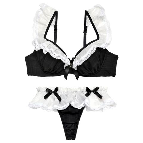 10/9再販!【Tバック】ラブリーフリルメイドブラジャー&Tバックショーツ[推し](ブラック-B65/ショーツM)