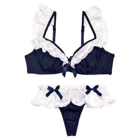 10/9再販!【Tバック】ラブリーフリルメイドブラジャー&Tバックショーツ[推し](ネイビー-B65/ショーツM)