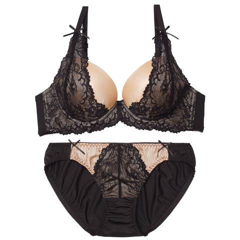 2/27新作!ノーブルヌーディレースブラジャー&フルバックショーツ[推し](ブラック-B65/ショーツM)