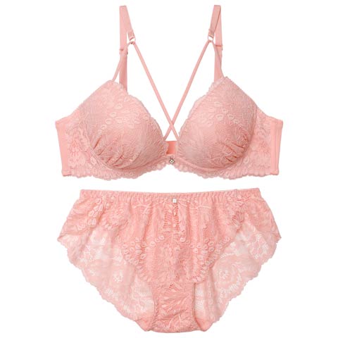 3/23新作!クラッシーフローラルレースブラジャー&バック透けフルバックショーツ[推し](ピンク-B65/ショーツM)