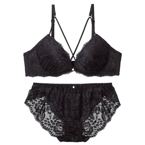 3/23新作!【EFサイズ】クラッシーフローラルレースブラジャー&バック透けフルバックショーツ[推し](ブラック-E65/ショーツM)