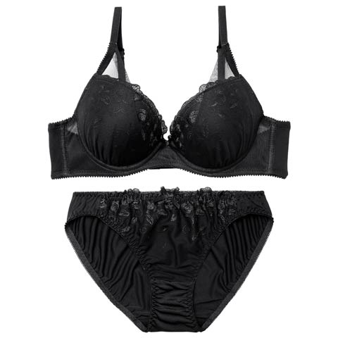 4/6新作!【EFサイズ】シアーチュールブーケブラジャー&フルバックショーツ[推し](ブラック-E65/ショーツM)