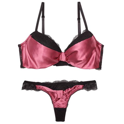 【Tバック】【三上悠亜着用】メルティーサテンリボン育乳脇高ブラジャー&バック透けTバックショーツ[推し][人気](ピンク-A65/ショーツM)