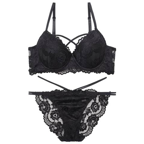 【EFサイズ】【三上悠亜着用】ローズレーシィストリング育乳脇高ブラジャー&バック透けフルバックショーツ[推し](ブラック-E65/ショーツM)