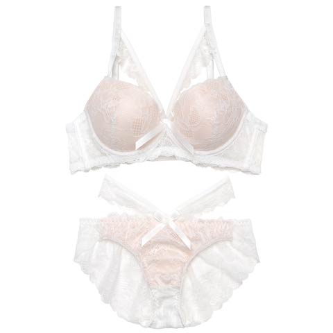 7/3再販!【EFサイズ】ラディアントコードレース育乳ブラジャー&バック透けフルバックショーツ[推し](ホワイト-E65/ショーツM)