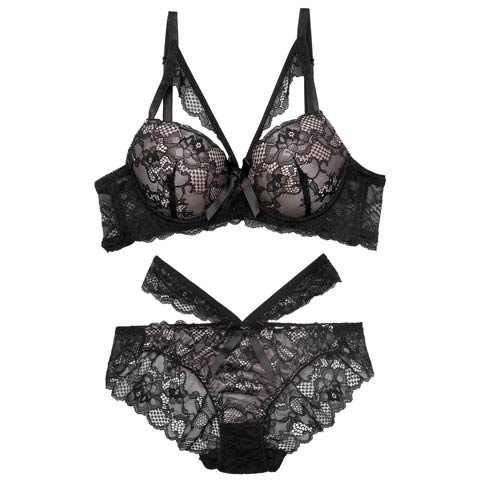 7/3再販!【EFサイズ】ラディアントコードレース育乳ブラジャー&バック透けフルバックショーツ[推し](ブラック-E65/ショーツM)