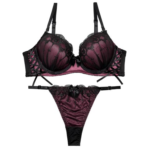 【Tバック】ラビリンスシアーレースアップブラジャー&Tバックショーツ[推し][人気](パープル-A65/ショーツM)