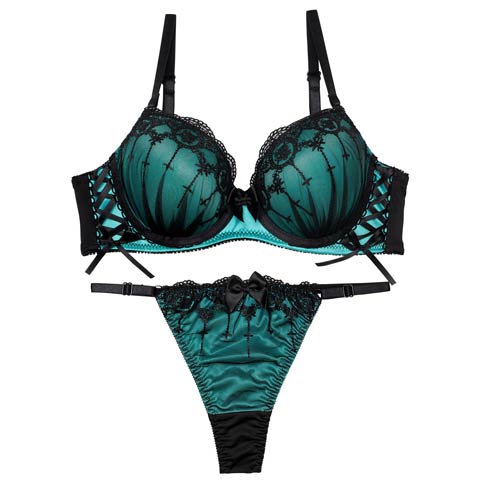 【Tバック】ラビリンスシアーレースアップブラジャー&Tバックショーツ[推し][人気](ターコイズブルー-A65/ショーツM)