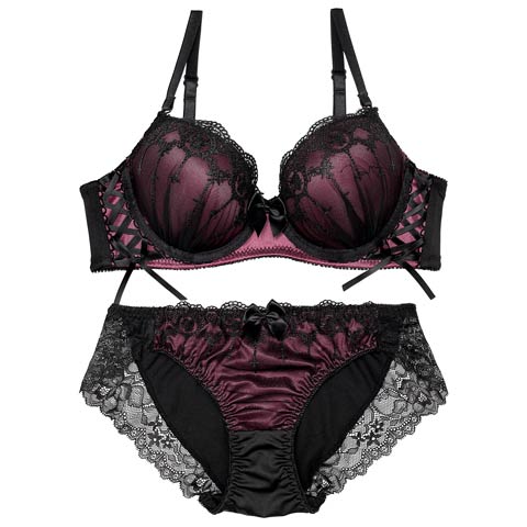 【EFサイズ】ラビリンスシアーレースアップブラジャー&フルバックショーツ[推し](パープル-E65/ショーツM)