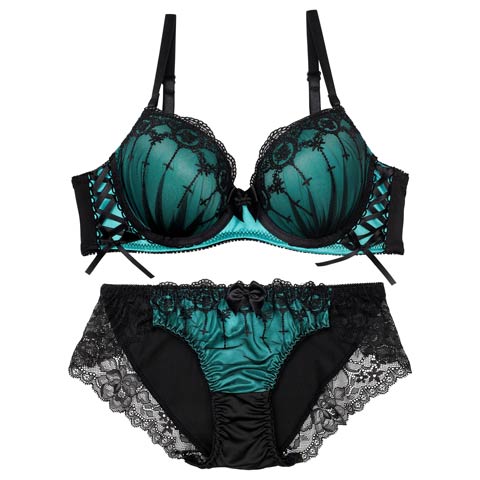【EFサイズ】ラビリンスシアーレースアップブラジャー&フルバックショーツ[推し](ターコイズブルー-E65/ショーツM)