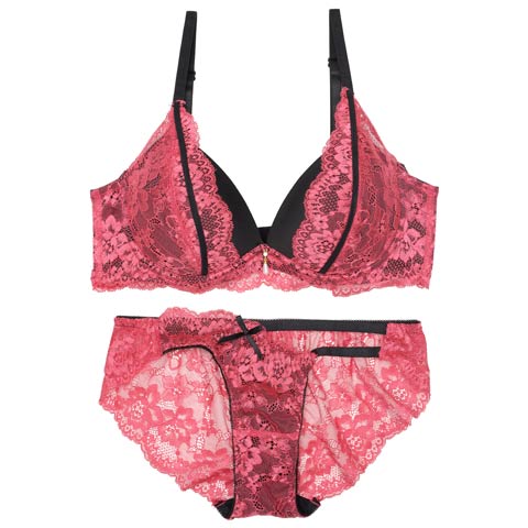 【EFサイズ】ディープグラマラスレーシィ育乳ブラジャー&バック透けフルバックショーツ[推し](ピンク-E65/ショーツM)