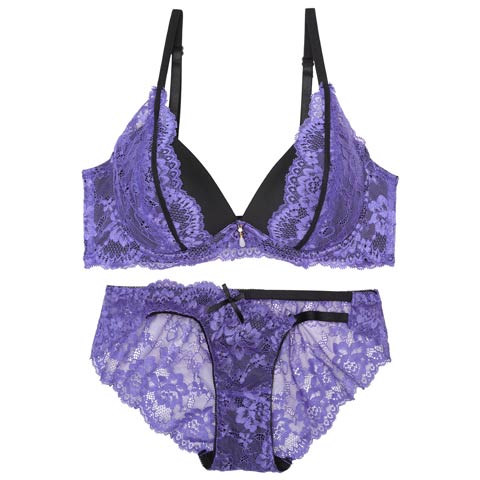 【EFサイズ】ディープグラマラスレーシィ育乳ブラジャー&バック透けフルバックショーツ[推し](パープル-E65/ショーツM)