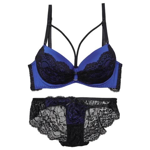 【EFサイズ】センシュアルネオンリングコード育乳ブラジャー&バック透けフルバックショーツ[推し](ブルー-E65/ショーツM)