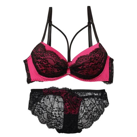 【EFサイズ】センシュアルネオンリングコード育乳ブラジャー&バック透けフルバックショーツ[推し](ローズピンク-E65/ショーツM)