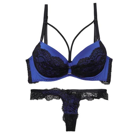 【EFサイズ】【Tバック】センシュアルネオンリングコード育乳ブラジャー&バック透けTバックショーツ[推し](ブルー-E65/ショーツM)