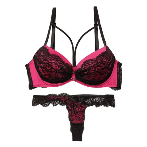 【EFサイズ】【Tバック】センシュアルネオンリングコード育乳ブラジャー&バック透けTバックショーツ[推し](ローズピンク-E65/ショーツM)