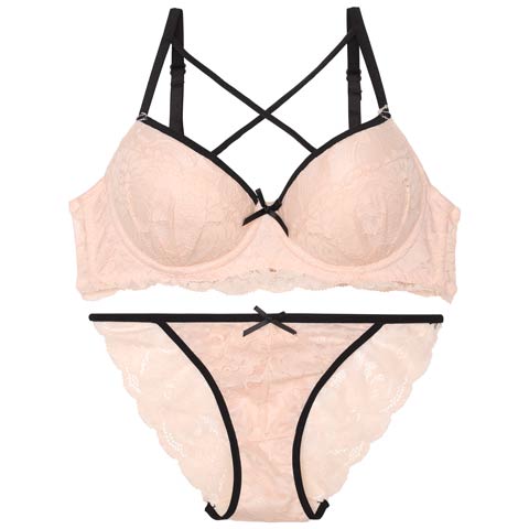 【EFサイズ】パイピングクロスレーシィブラジャー&バック透けフルバックショーツ[推し](ピンク-E65/ショーツM)