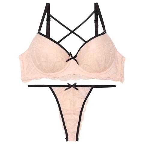 【EFサイズ】【Tバック】パイピングクロスレーシィブラジャー&バック透けTバックショーツ[推し](ピンク-E65/ショーツM)