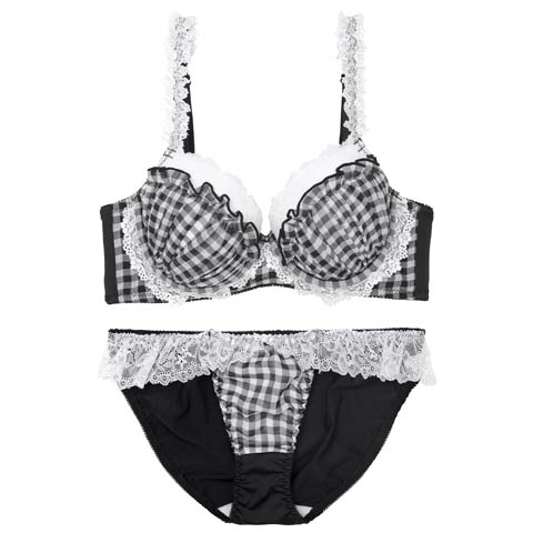 10/3再販!【かとゆり着用】ファンシーギンガムシアーフリル育乳ブラジャー&フルバックショーツ[推し][人気](ブラック-A65/ショーツM)
