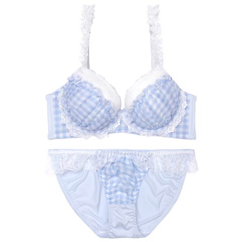 10/3再販!【かとゆり着用】ファンシーギンガムシアーフリル育乳ブラジャー&フルバックショーツ[推し][人気](サックス-A65/ショーツM)