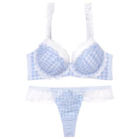 7/18新作!【Tバック】【かとゆり着用】ファンシーギンガムシアーフリル育乳脇高ブラジャー&Tバックショーツ[推し][人気](サックス-A65/ショーツM)