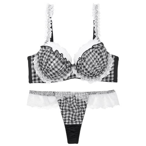7/18新作!【EFサイズ】【Tバック】【かとゆり着用】ファンシーギンガムシアーフリル育乳脇高ブラジャー&Tバックショーツ[推し](ブラック-E65/ショーツM)