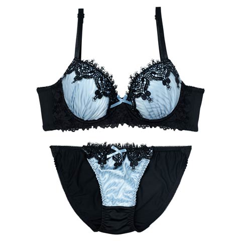 10/21再販!【EFサイズ】ゴシックケミカルレース育乳ブラジャー&フルバックショーツ[推し](ブルー-E65/ショーツM)