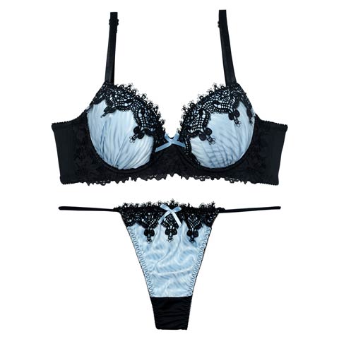 7/18新作!【EFサイズ】【Tバック】ゴシックケミカルレース育乳ブラジャー&Tバックショーツ[推し](ブルー-E65/ショーツM)