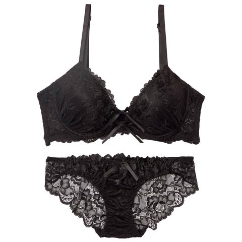 10/23再販!【三上悠亜着用】ブロッサムコードリボン育乳ブラジャー&バック透けフルバックショーツ[推し][人気](ブラック-A65/ショーツM)