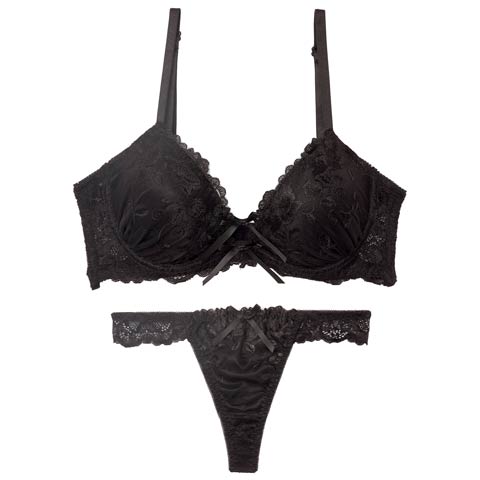 7/16新作!【GHサイズ】【Tバック】【三上悠亜着用】ブロッサムコードリボン育乳ブラジャー&バック透けTバックショーツ[推し](ブラック-G65/ショーツM)