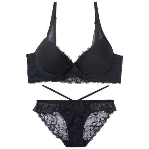 【GHサイズ】【三上悠亜着用】ラグジュアリーチュールカップ育乳ブラジャー&バック透けフルバックショーツ[推し](ブラック-G65/ショーツM)