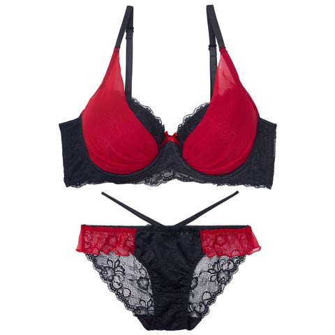 【GHサイズ】【三上悠亜着用】ラグジュアリーチュールカップ育乳ブラジャー&バック透けフルバックショーツ[推し](レッド-G65/ショーツM)