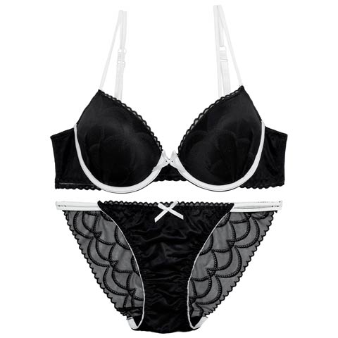 10/15再販!バイカラーシアースカラップブラジャー&バック透けフルバックショーツ[推し][人気](ブラック-A65/ショーツM)