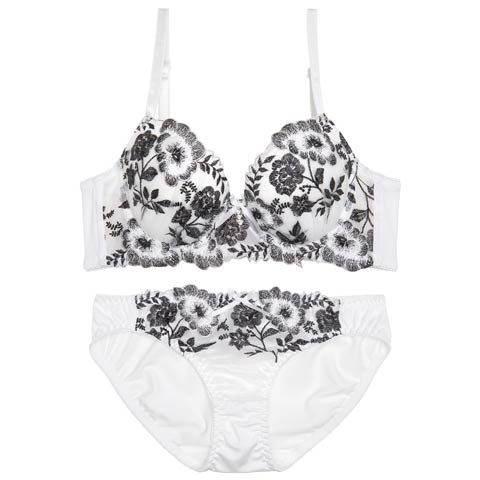 10/17再販!クラシックモノトーンブルーム育乳ブラジャー&フルバックショーツ[推し][人気](ホワイト-A65/ショーツM)