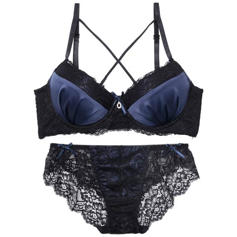 10/18再販!ディープサテンリボンコード育乳ブラジャー&バック透けフルバックショーツ[推し][人気](ネイビー-A65/ショーツM)