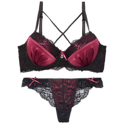 8/21再販!【Tバック】ディープサテンリボンコード育乳ブラジャー&バック透けTバックショーツ[推し][人気](ワインレッド-A65/ショーツM)