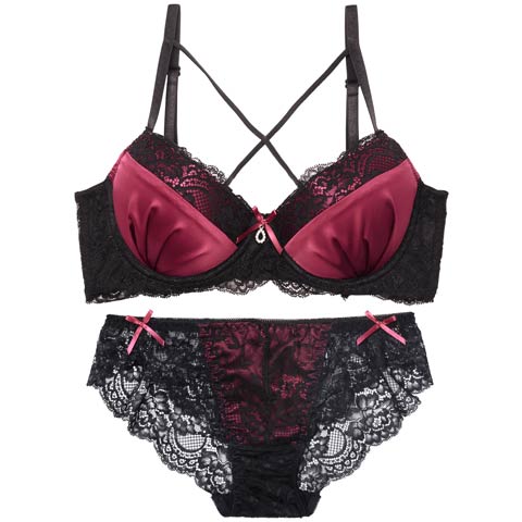 7/25新作!【EFサイズ】ディープサテンリボンコード育乳ブラジャー&バック透けフルバックショーツ[推し](ワインレッド-E65/ショーツM)