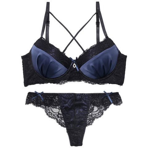 7/25新作!【EFサイズ】【Tバック】ディープサテンリボンコード育乳ブラジャー&バック透けTバックショーツ[推し](ネイビー-E65/ショーツM)