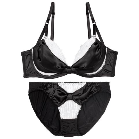 9/18再販!【EFサイズ】【かとゆり着用】プリティーグロスリボン育乳ブラジャー&フルバックショーツ[推し](ブラック-E65/ショーツM)