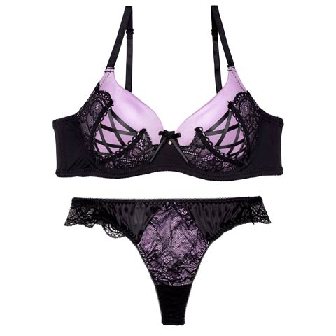 8/19再販!【Tバック】アリュールレースアップ育乳脇高ブラジャー&バック透けTバックショーツ[推し][人気](パープル-A65/ショーツM)