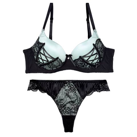 8/19再販!【Tバック】アリュールレースアップ育乳脇高ブラジャー&バック透けTバックショーツ[推し][人気](ミント-A65/ショーツM)