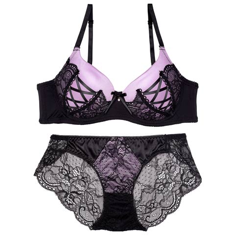 8/19再販!【EFサイズ】アリュールレースアップ育乳ブラジャー&バック透けフルバックショーツ[推し](パープル-E65/ショーツM)