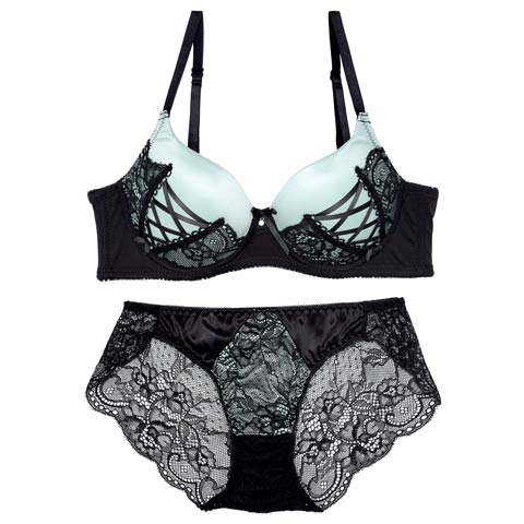 8/19再販!【EFサイズ】アリュールレースアップ育乳ブラジャー&バック透けフルバックショーツ[推し](ミント-E65/ショーツM)